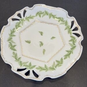 Alemania Porcelain Dish Plate Green LeafsGold Trim 3 Reticulated Hand Paint Vtg